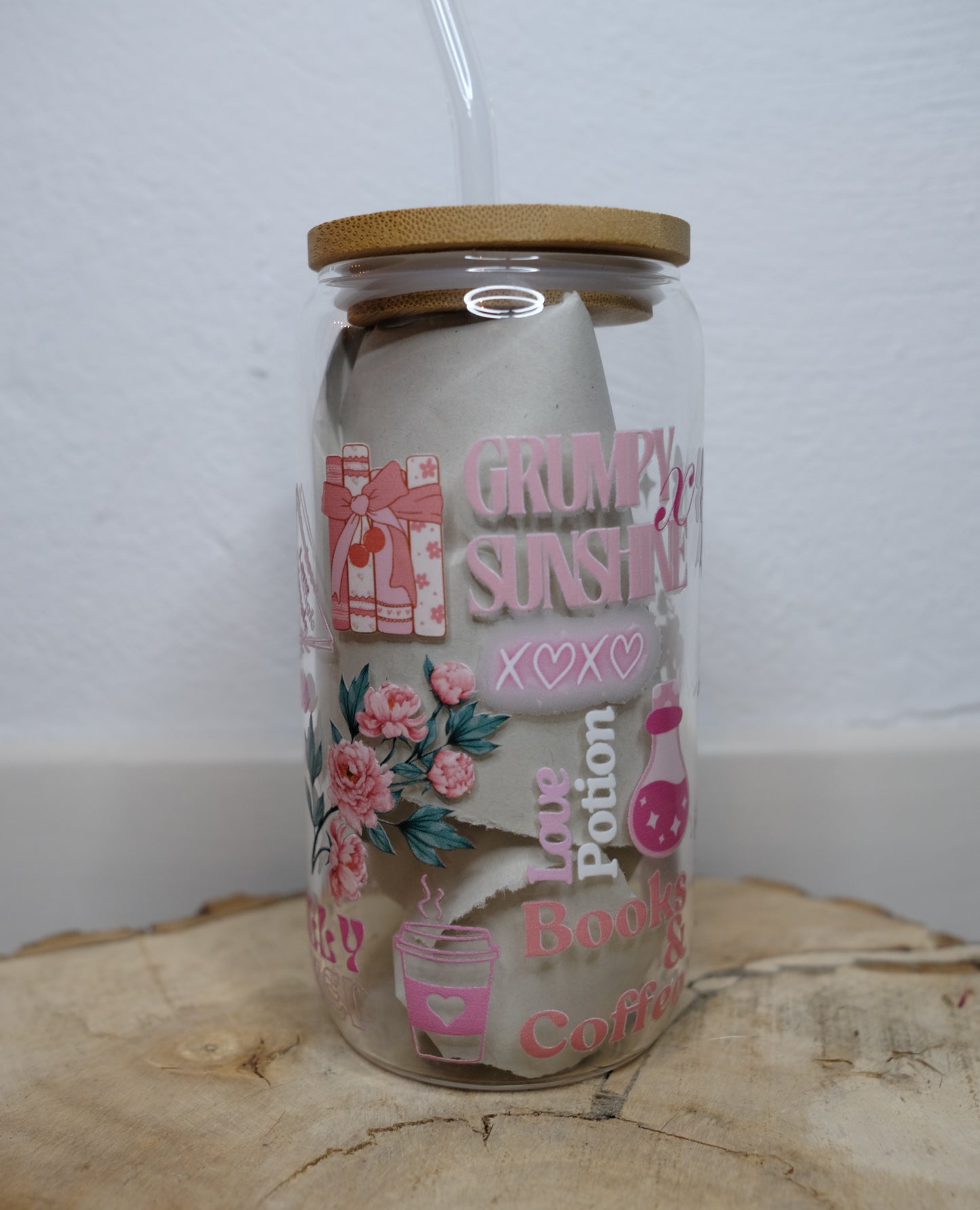 Glas Tumbler mit Bambusdeckel - Romance Girls (Rose)