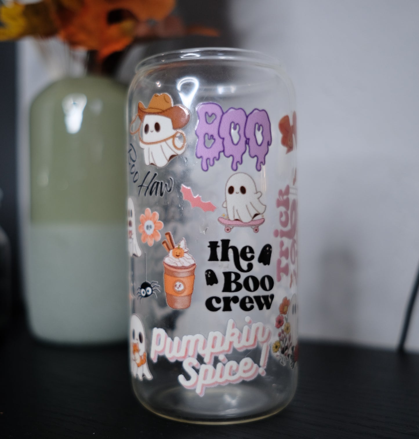 Glas Tumbler mit Bambusdeckel - Halloween