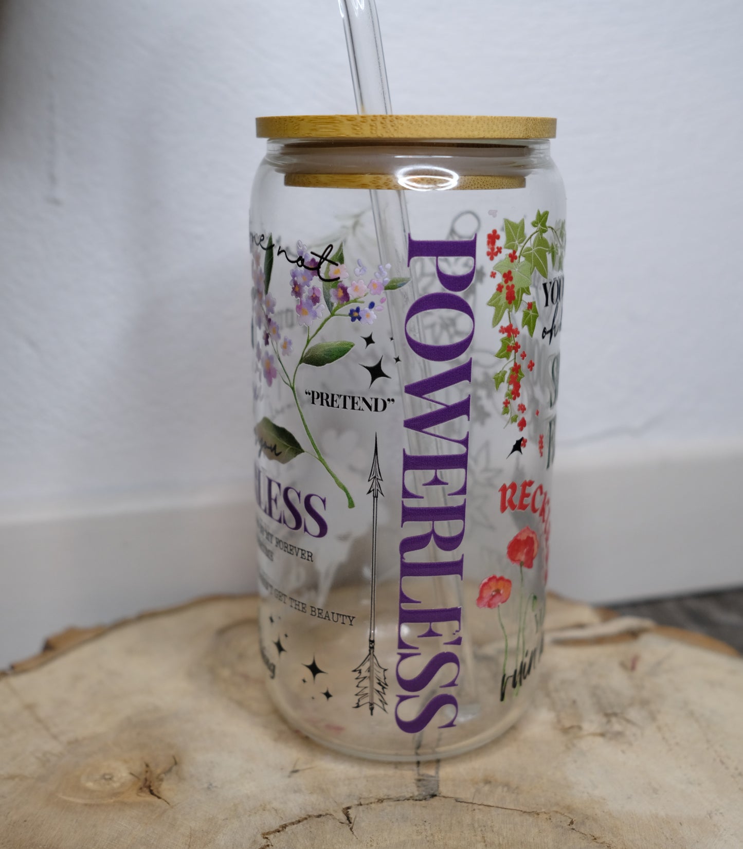 Glas Tumbler mit Bambusdeckel - Powerless Edition