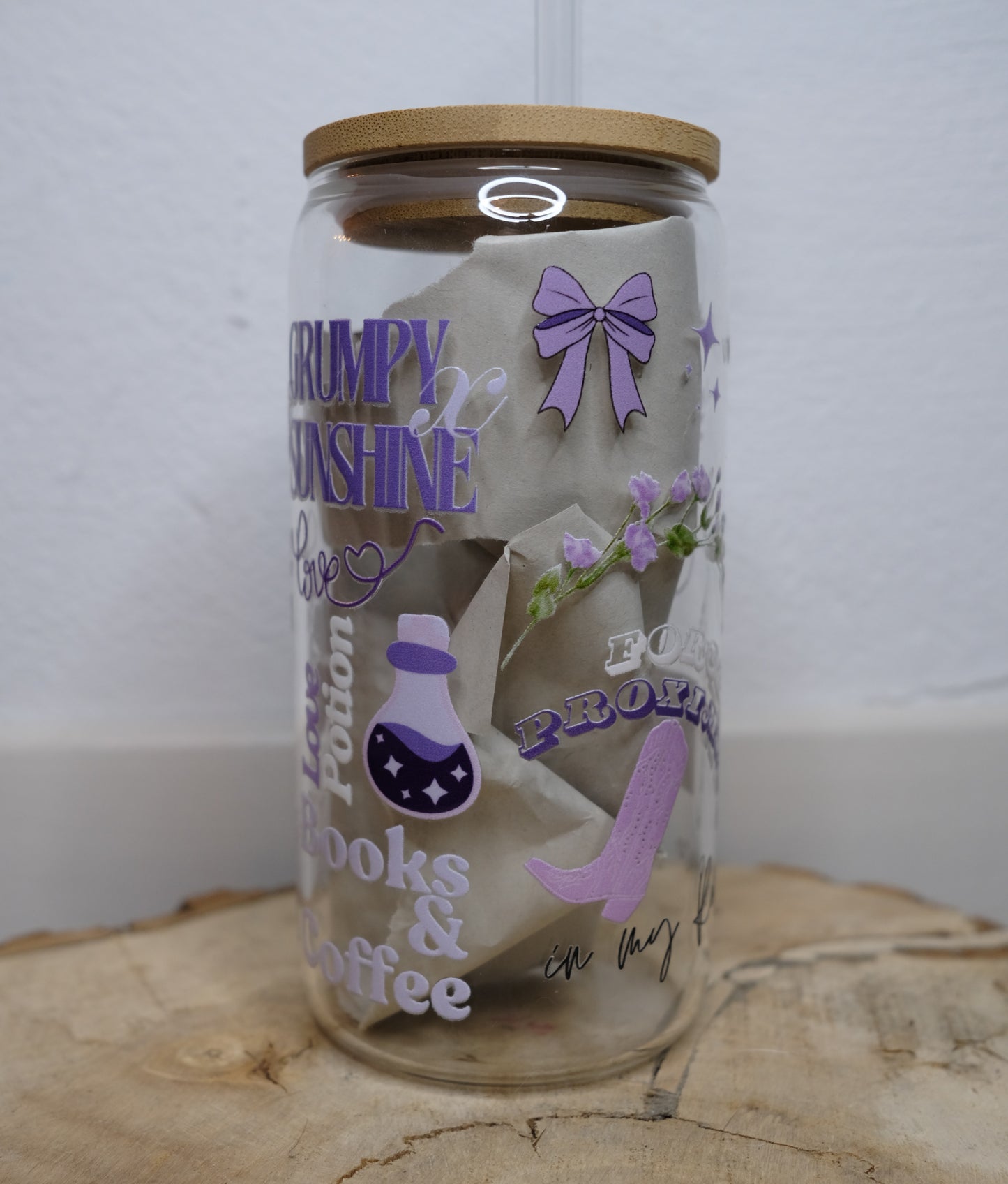 Glas Tumbler mit Bambusdeckel - Romance Girls (Lilac)