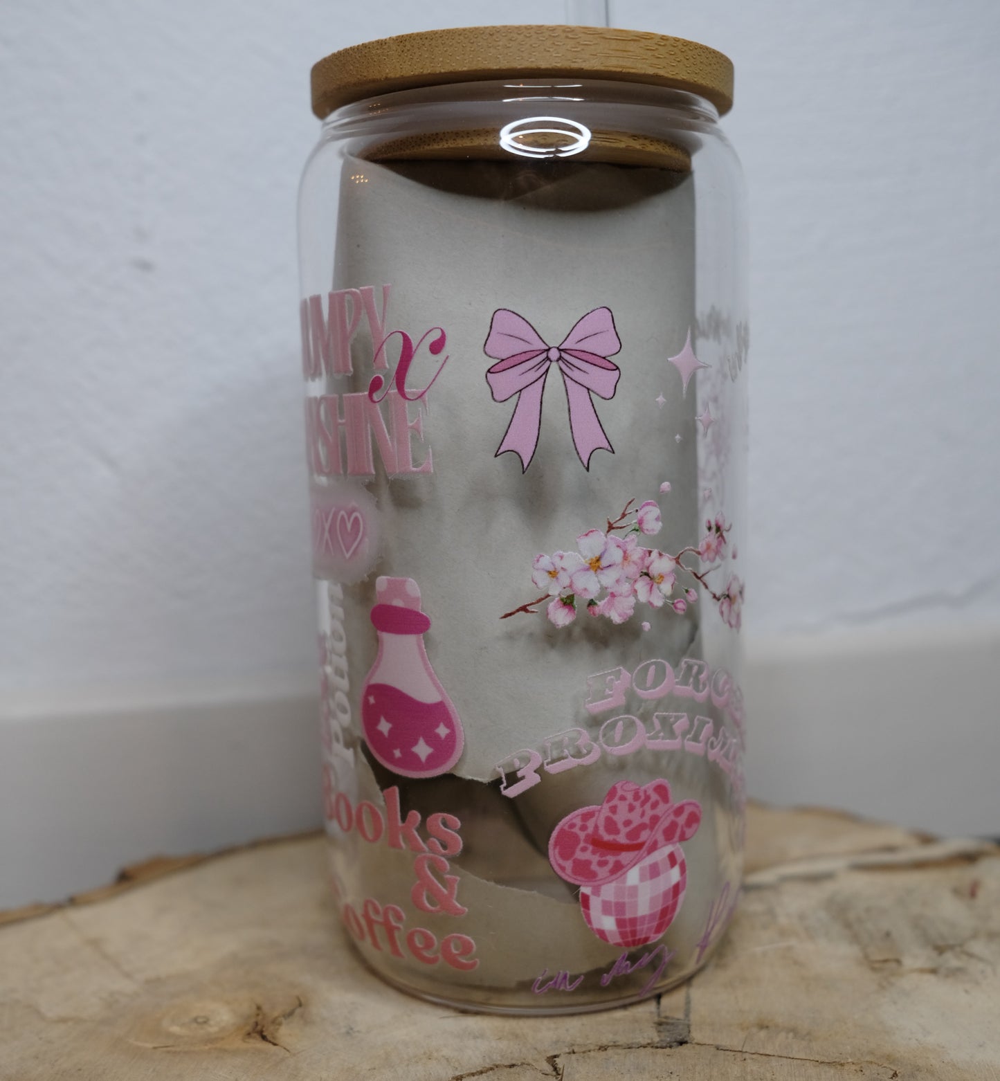 Glas Tumbler mit Bambusdeckel - Romance Girls (Rose)