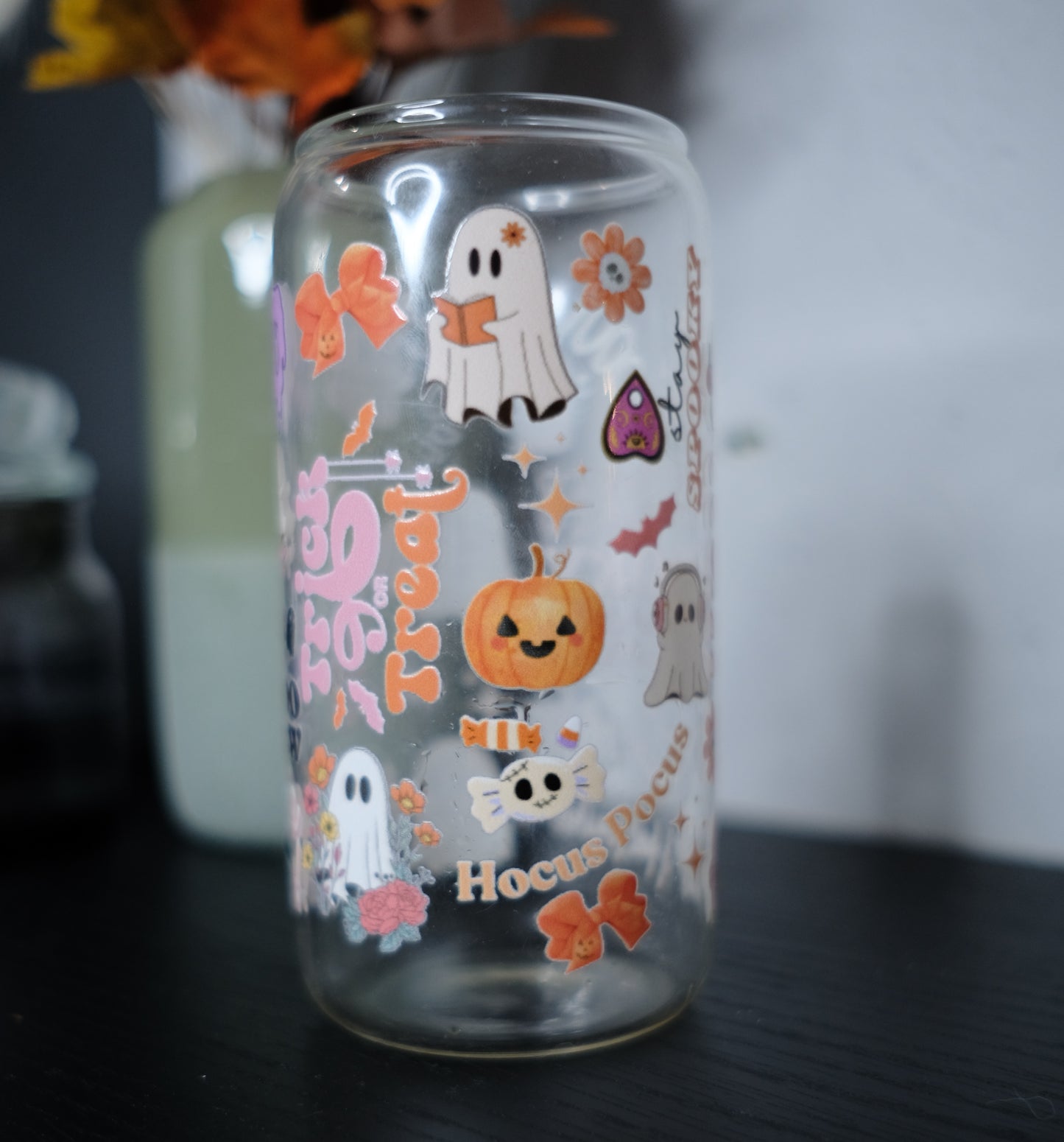 Glas Tumbler mit Bambusdeckel - Halloween