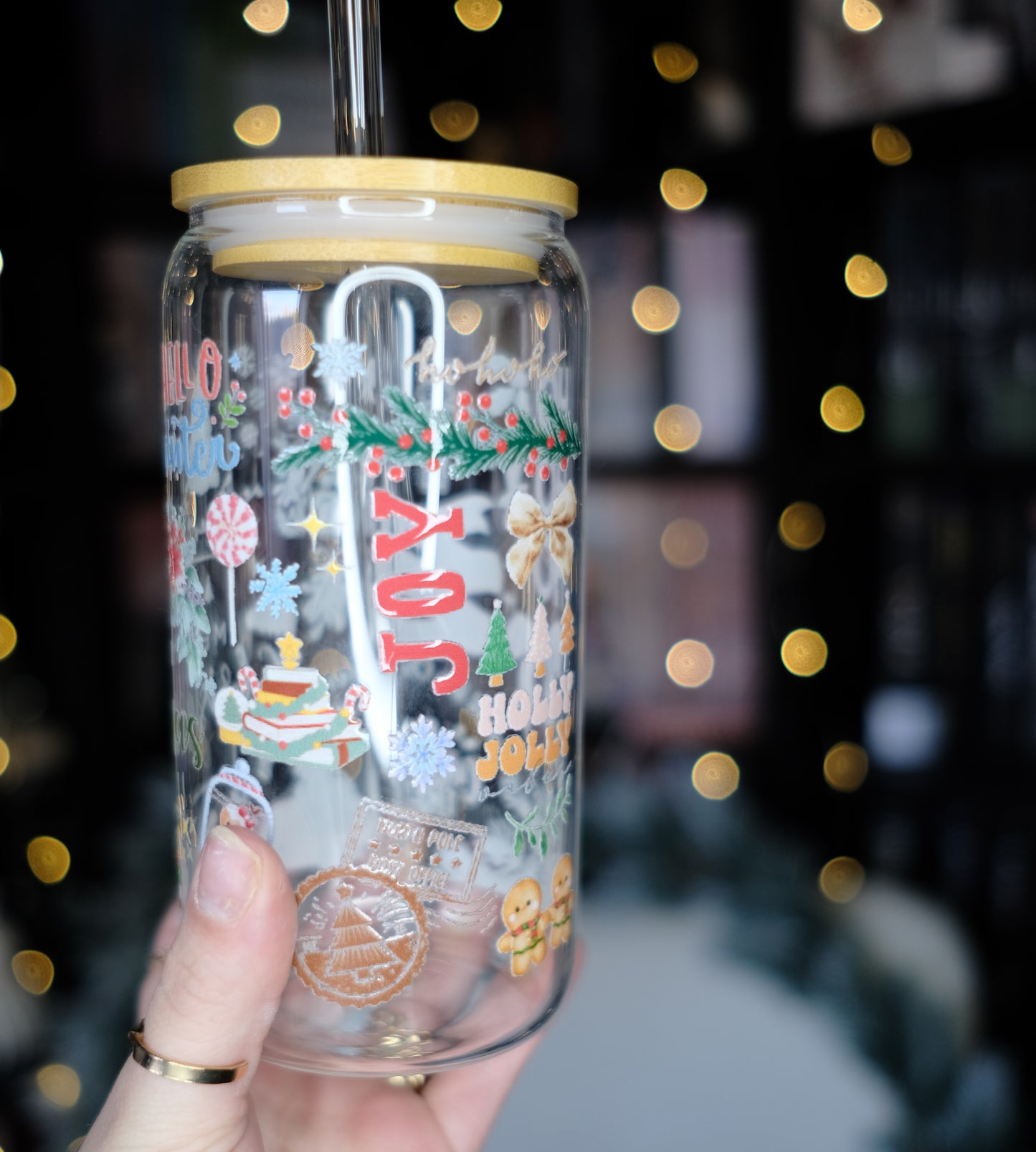 Glas Tumbler mit Bambusdeckel - Christmas (Design 1)