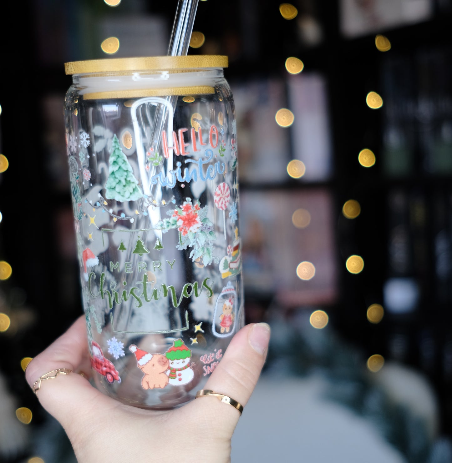Glas Tumbler mit Bambusdeckel - Christmas (Design 1)