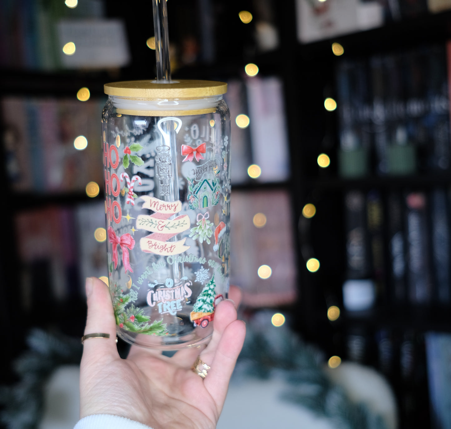 Glas Tumbler mit Bambusdeckel - Christmas (Design 1)