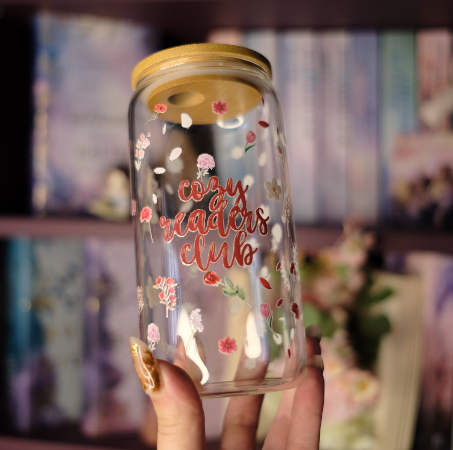 Glas Tumbler mit Bambusdeckel - Cozy Readers Club