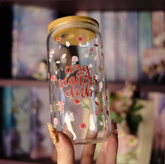 Glas Tumbler mit Bambusdeckel - Cozy Readers Club