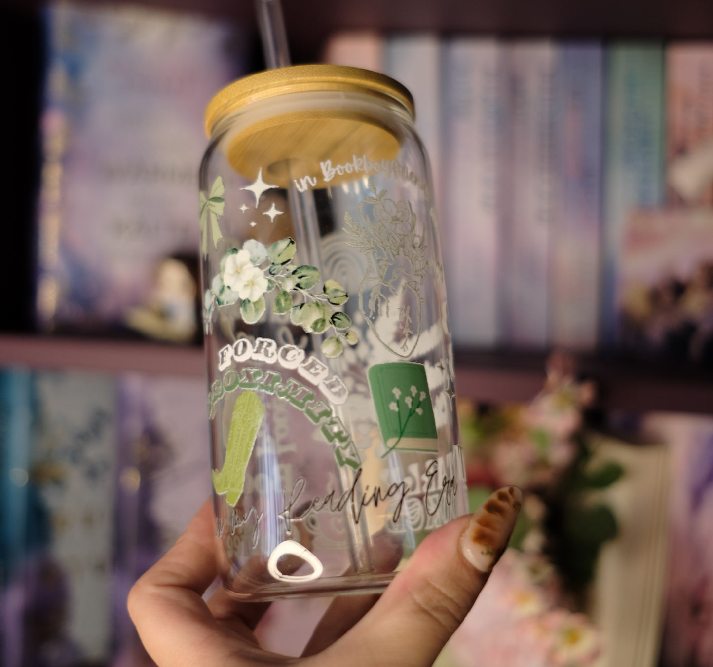 Glas Tumbler mit Bambusdeckel - Romance Girls (Green)